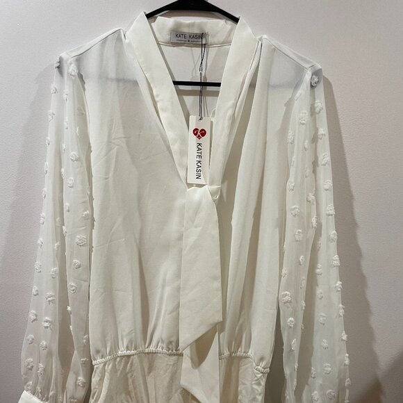 Kate Kasin Long Sleeve Sheer Mesh Pointelle Bodysuit Pussybow Necktie Size Med - Picture 1 of 10